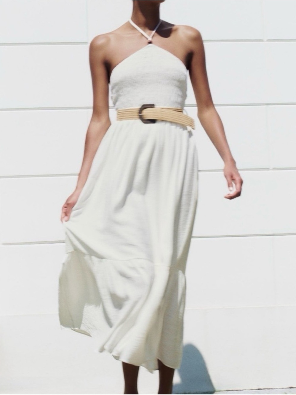 Zara Cream Halter Midi Dress with Tan Belt